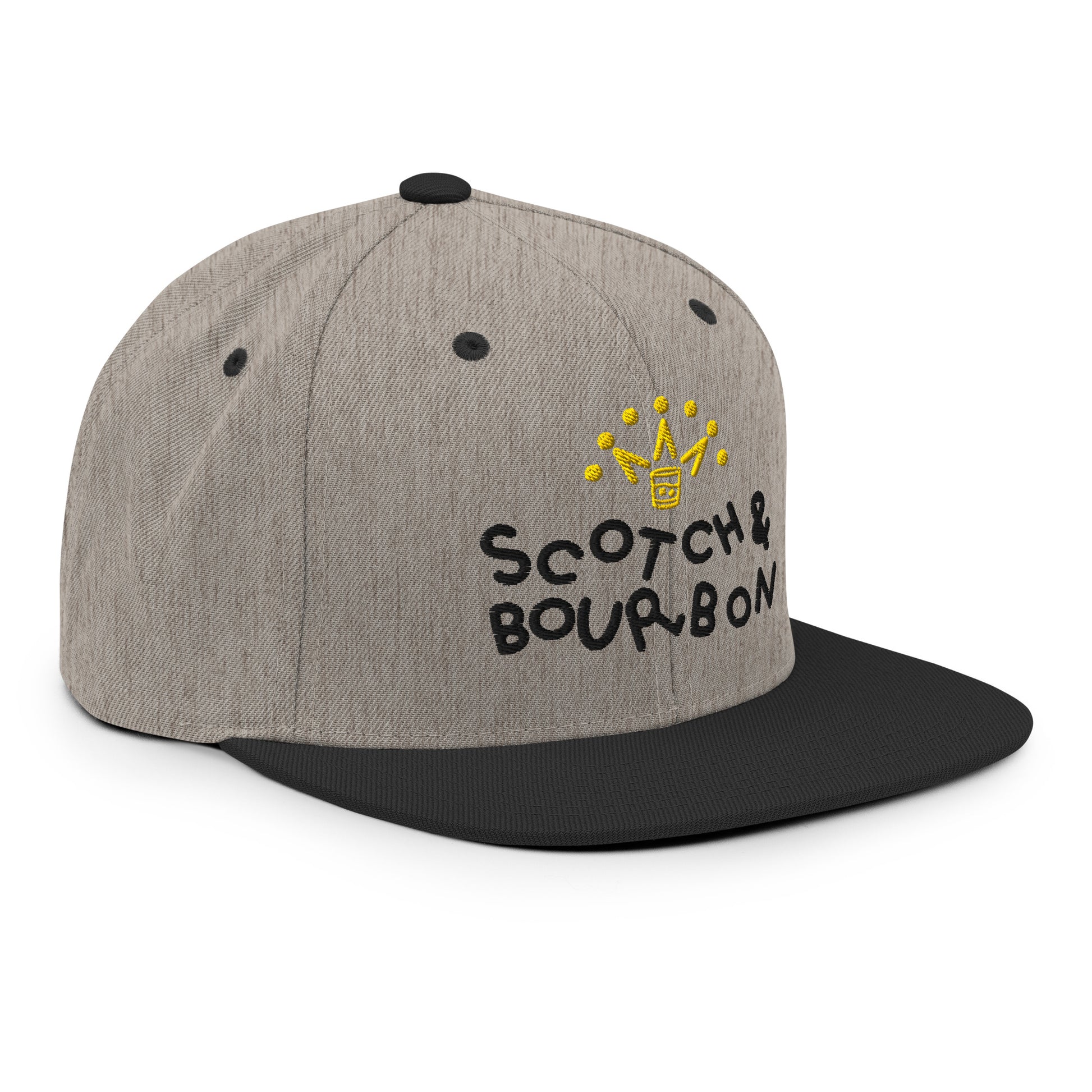 Heather black Scotch & Bourbon golf snapback hat by Not Bad Pretty Good, showing the front and side view with logo details